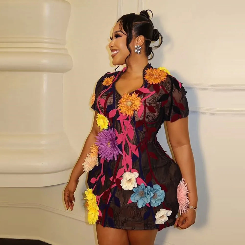 Plus Size Prom Gowns 3D Flowers V Neck Cocktail Dresses Short Sleeves Lace Unique Design Girls Evening Party Dress Customized