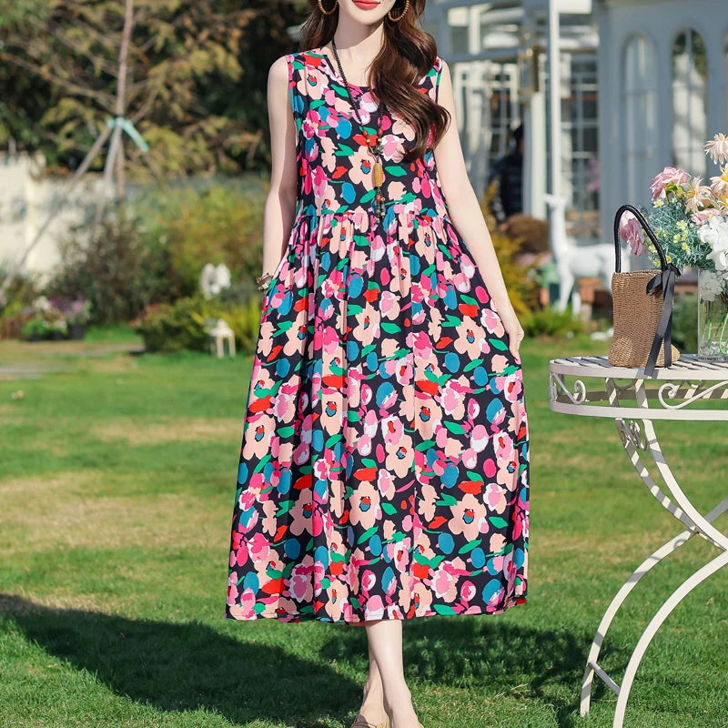 Plus Size Women Dress 2025 Summer Long Dress Vintage Loose Casual Elegant  Sleeveless Dress Women