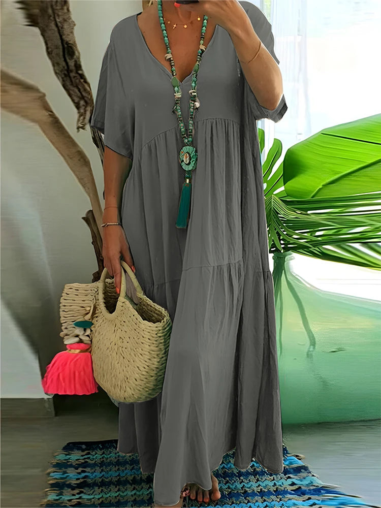 Plus-Size Women's Casual, Loose-Fitting, V-Neck Solid-Color Long Dress; Spring/Summer Pleated Plus-Size Women's Dress