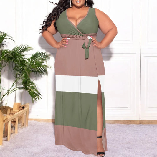 Plus Size Womens Sexy Casual Dresses for Curvy Women 3D Printed halterneck V Neckline Short Sleeve Loose High Vent Maxi Dress