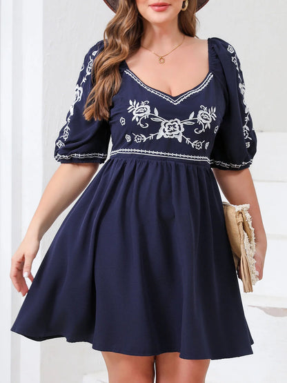 Women's Plus-Size Elegant Embroidered Dress – V-Neck, Half-Sleeve, Flowy Short Dress