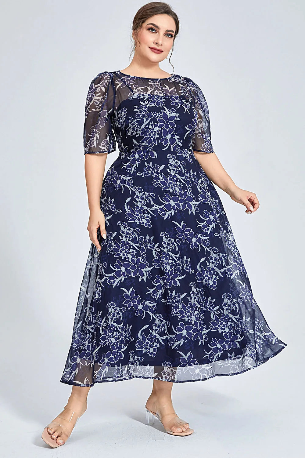 Plus Size Navy Floral Chiffon Midi Dress Round Neck Short Sleeve Flowy Dress Women Casual Summer Elegant Wedding Guest Dress