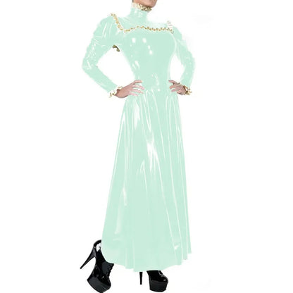 Plus Size Ladies Elegant Long Dress High Neck Ruched Trims Long Sleeved Vestidos Bodycon Back Zip Wetlook PVC Leather Ball Gowns