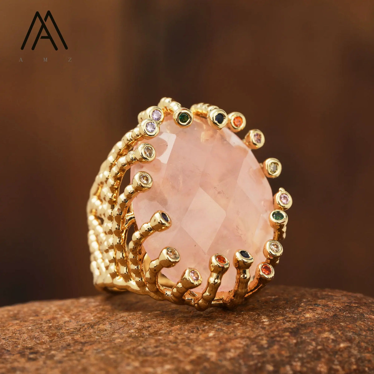 Luxury Vintage Gemstone Ring 18K Gold-Plated Women's Ring Natural Crystal Labradorite Rings Daily Wear Jewelry Gift Jewels