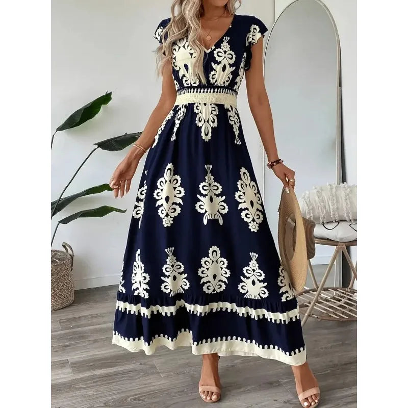 Plus Size New Women Fashion Floral Print V-Neck A-Line Dress with Ruffled Cap Sleeves Ladies Elegant Print Loose Summer Dress