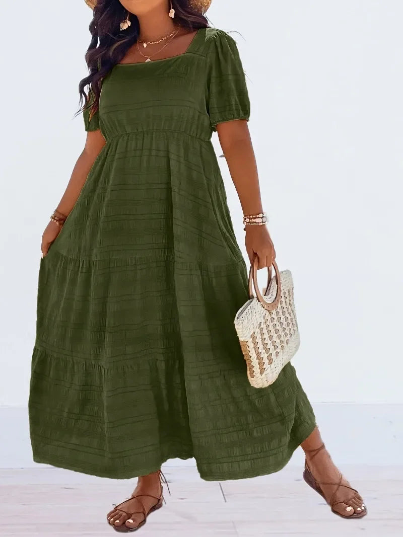 Plus Size 1XL-5XL Women's Fashionable Square Neck Solid Color Short Sleeved Dress Ladies Casual A-line Skirt Long Dress