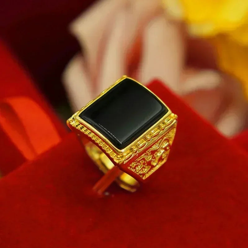Pure gold ring same style mens AU999 real   24K agate Pixiu God of Wealth adjustable  inlaid jade jewelry