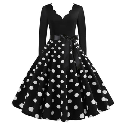 Plus Size Women Dress Vintage Long Sleeve Polka Dot Spring Autumn New Year Party Dresses 3XL Vestidos
