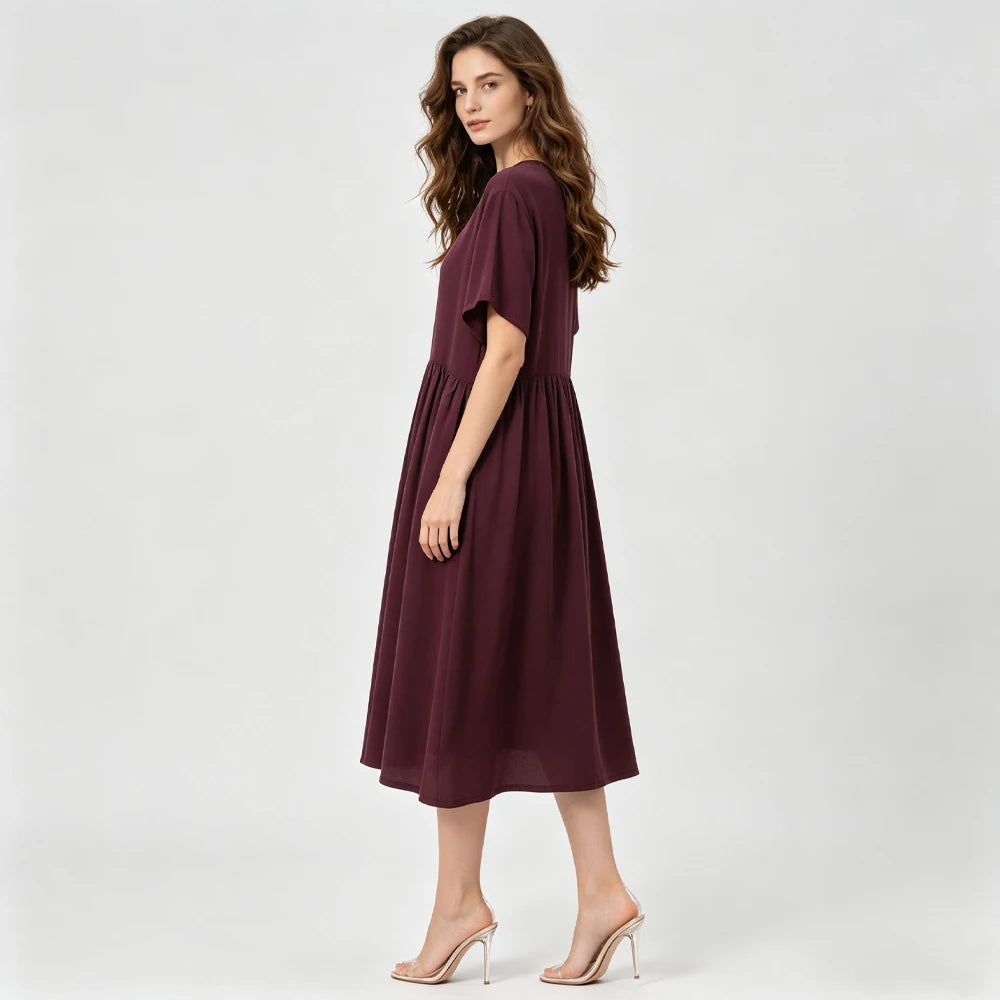 Plus Size Women's Casual Summer New Breathable 100% Natural Mulberry Silk Double Crepe Wine Red Round Neck Short Sleeved Dress