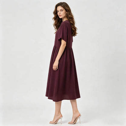 Plus Size Women's Casual Summer New Breathable 100% Natural Mulberry Silk Double Crepe Wine Red Round Neck Short Sleeved Dress
