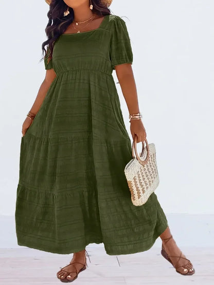 Plus Size 1XL-5XL New Women's Fashionable Square Neck Solid Color Dress Ladies Casual A-line Skirt Short Sleeved Long Dress