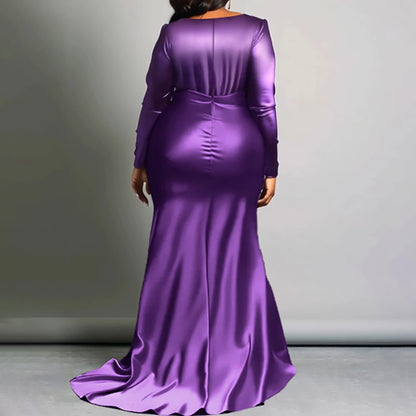 Plus Size Elegant Women Dress Solid V-Neck Long Sleeve High Waist Luxury Evening Gown Party Wedding Guest Fishtail Long Dresses