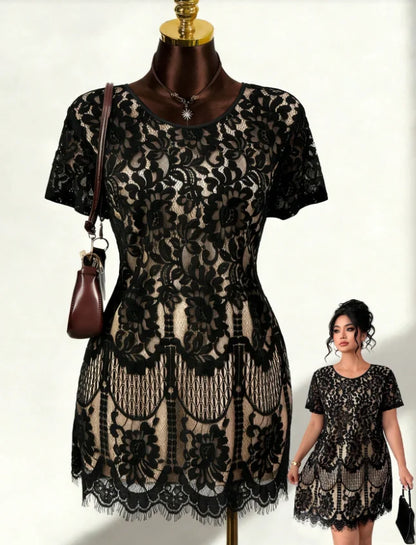 Plus Size Women's Black Lace Dress Round Neck Short Sleeve Waist-cinching Slimming A-line Dress Versatile for Dating and Commuti