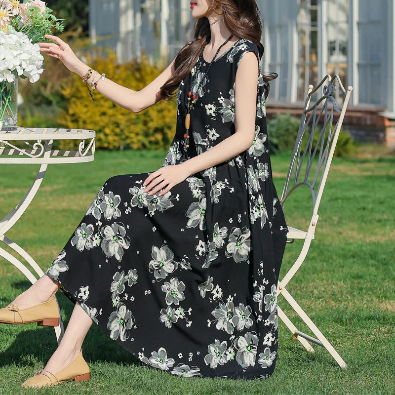 Plus Size Women Dress 2025 Summer Long Dress Vintage Loose Casual Elegant  Sleeveless Dress Women
