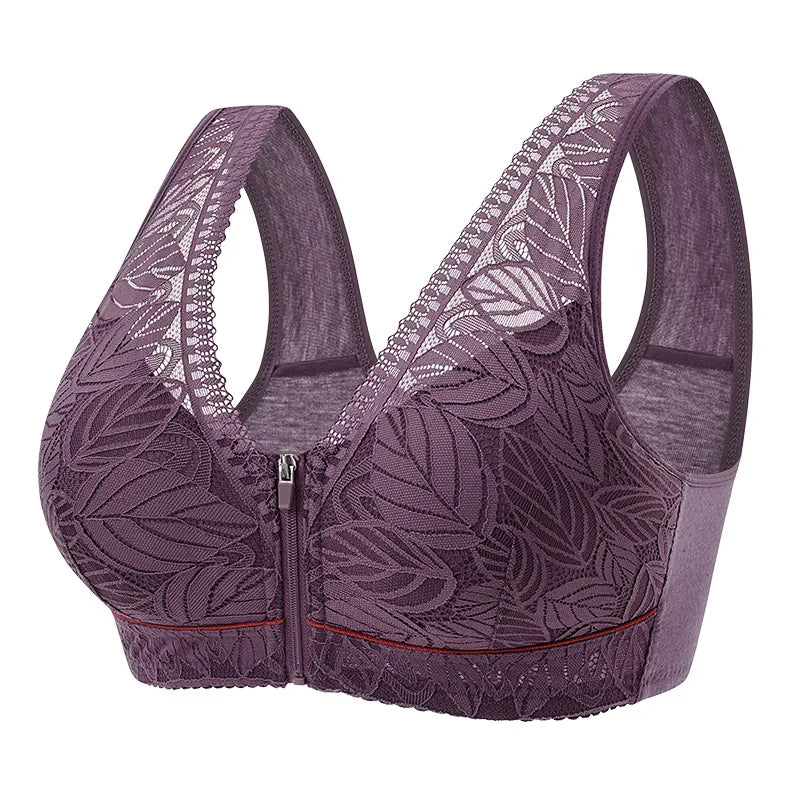 Front zipper Soft cotton cups Bra breathable women wireless underwear  lace strap tank leaves top plus size bra