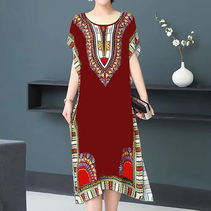 Plus Size Elegant Party Woman Midi Dresses Casual Retro Ethnic Style V-neck Tunic Large Swing Floral Printed Long Skirt Holiday