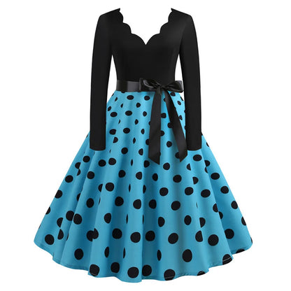 Plus Size Women Dress Vintage Long Sleeve Polka Dot Spring Autumn New Year Party Dresses 3XL Vestidos