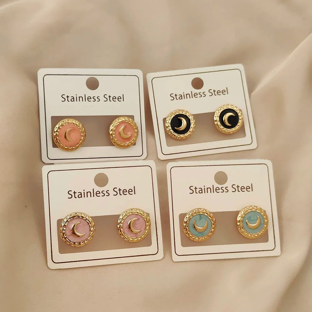 Charming round moon colored enamel gold-plated 18K women's earrings, high quality waterproof earrings, wife's gift