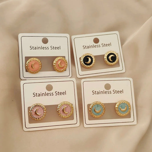 Charming round moon colored enamel gold-plated 18K women's earrings, high quality waterproof earrings, wife's gift