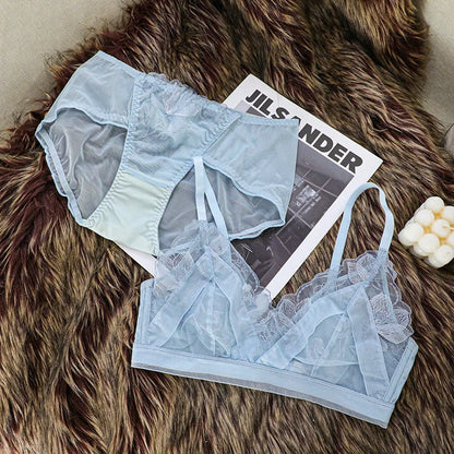 Women's Bra Set French Sexy Sweet Girl Without Steel Ring Color Collision Underwear Thin Section Gathered Lace Triangle Cup Bra