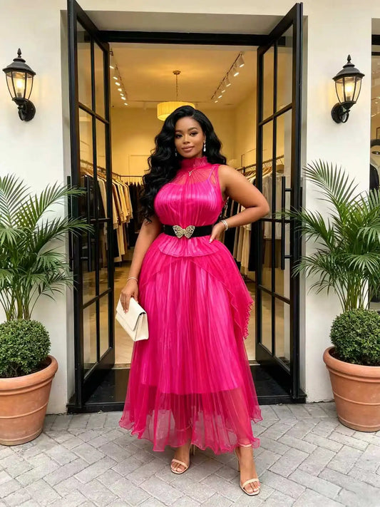 Plus Size Women Two Piece Pleated Skirt Set High Neck Sleeveless Top Midi Dress with Black Gold Butterfly Belt Ladies Elegant Ou