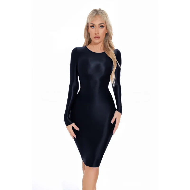 Women Sexy Bodycon Dresses Plus Size Glossy Tight Dress Professional Uniform Seductive See-Through Underwear Seamless Nightdress